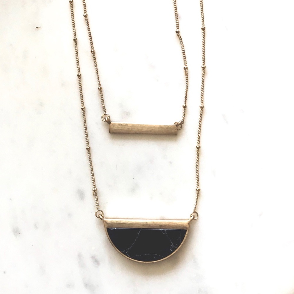 Gold Marble Necklace Black Stone Bar Half Moon NWT